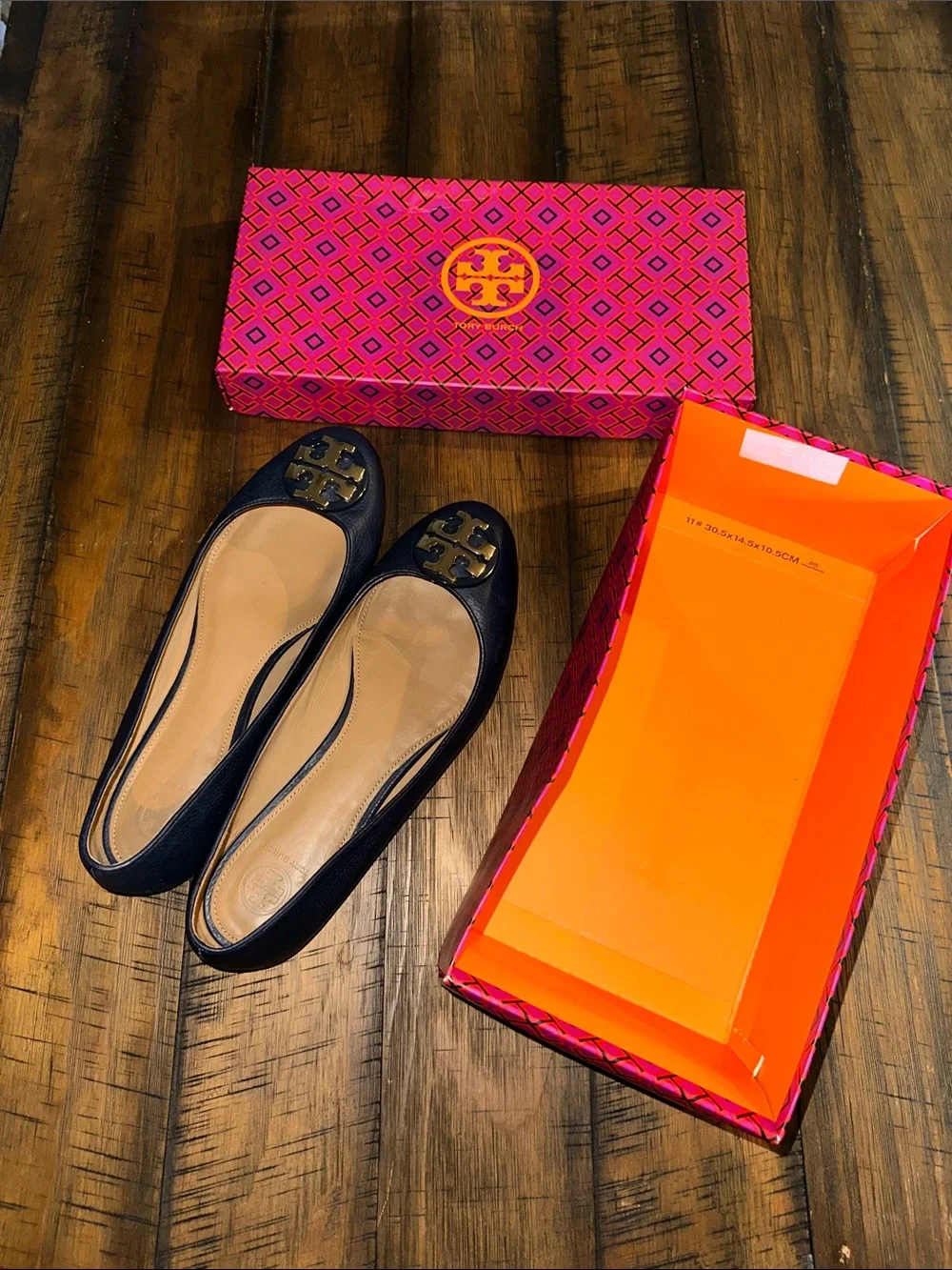 Tory Burch Navy Leather Ballet Flats with Gold Logo